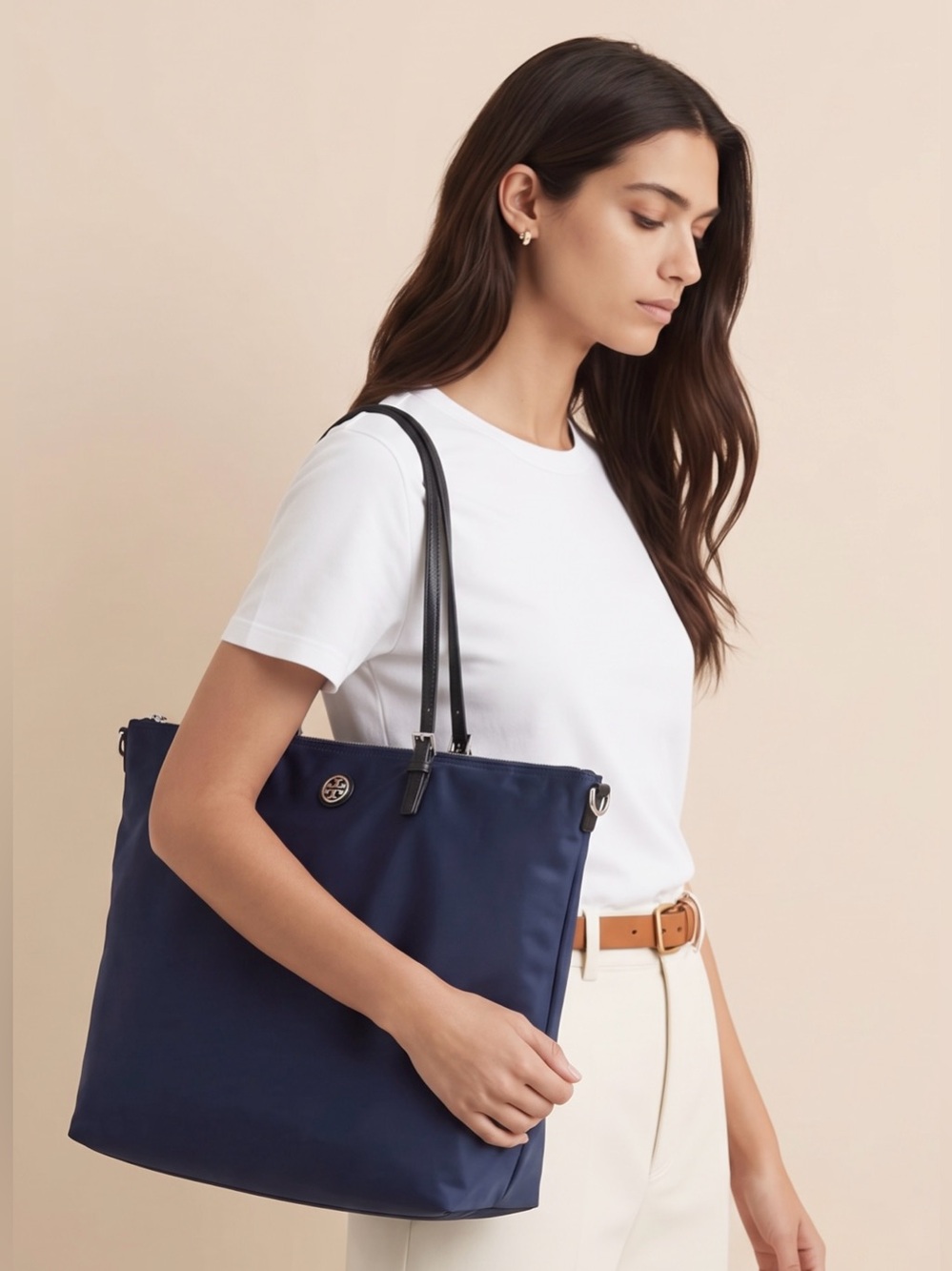 Tory Burch Navy Virginia Nylon Tote Zip Top Removable Canvas Strap EUC